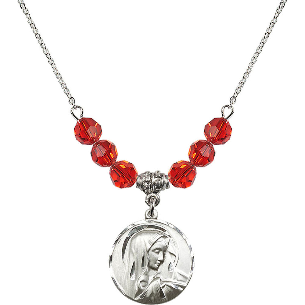 Sterling Silver Sorrowful Mother Birthstone Necklace with Ruby Beads - 4249