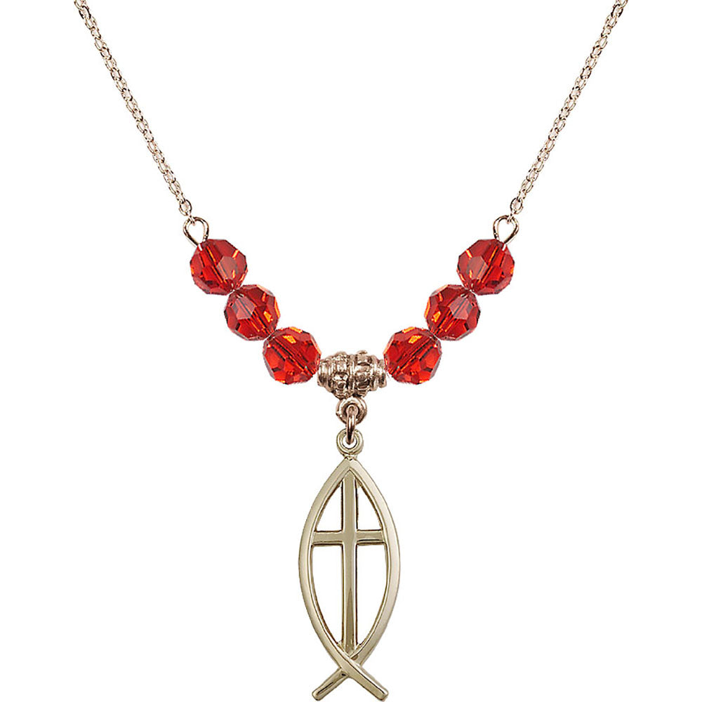 14kt Gold Filled Fish / Cross Birthstone Necklace with Ruby Beads - 4252