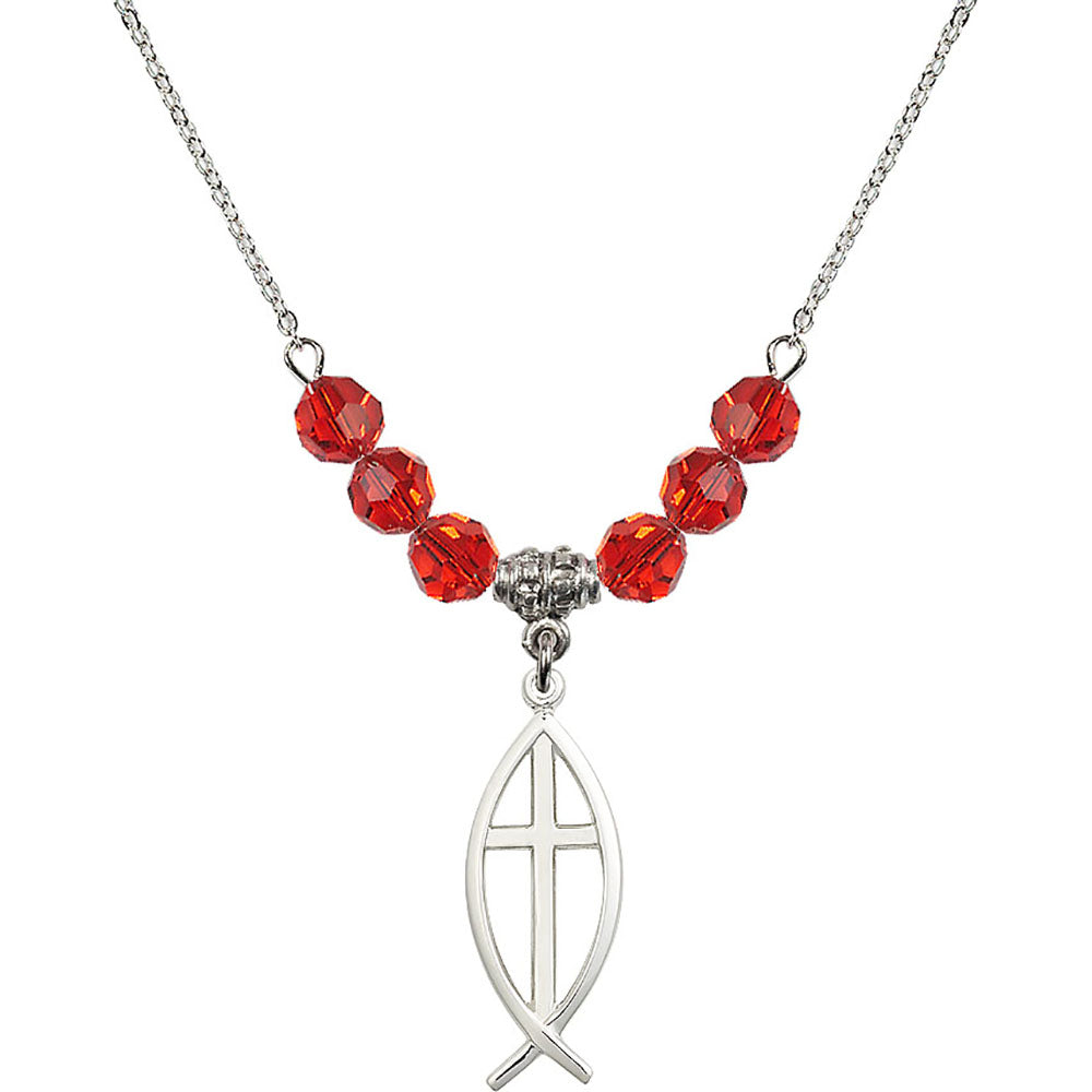 Sterling Silver Fish / Cross Birthstone Necklace with Ruby Beads - 4252