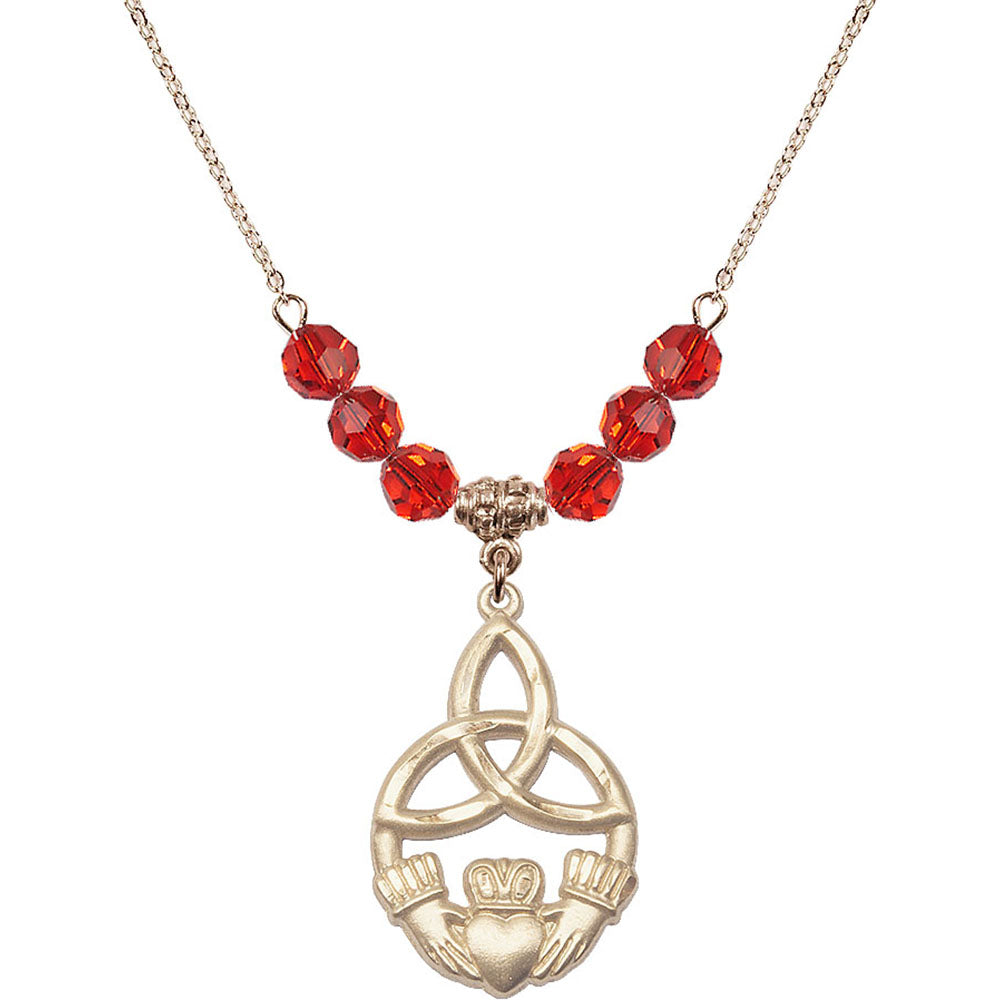 14kt Gold Filled Irish Knot / Claddagh Birthstone Necklace with Ruby Beads - 5102