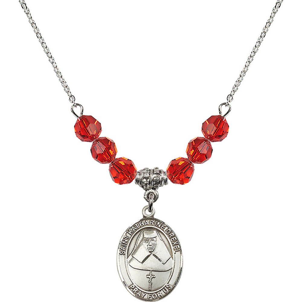 Sterling Silver Saint Katharine Drexel Birthstone Necklace with Ruby Beads - 8015