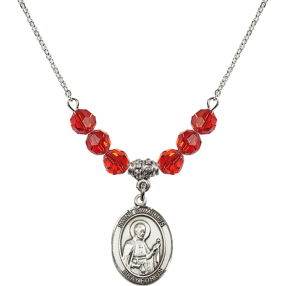 Sterling Silver Saint Camillus of Lellis Birthstone Necklace with Ruby Beads - 8019