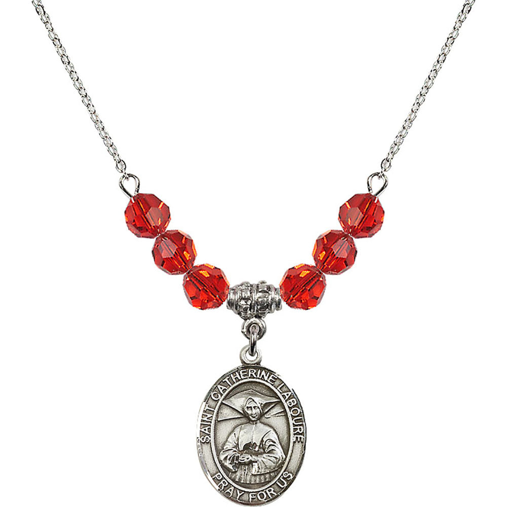 Sterling Silver Saint Catherine Laboure Birthstone Necklace with Ruby Beads - 8021