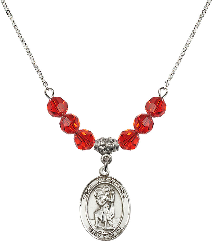 Sterling Silver Saint Christopher Birthstone Necklace with Ruby Beads - 8022