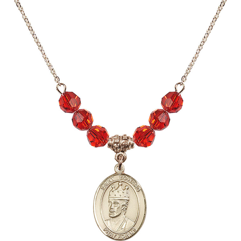 14kt Gold Filled Saint Edward the Confessor Birthstone Necklace with Ruby Beads - 8026