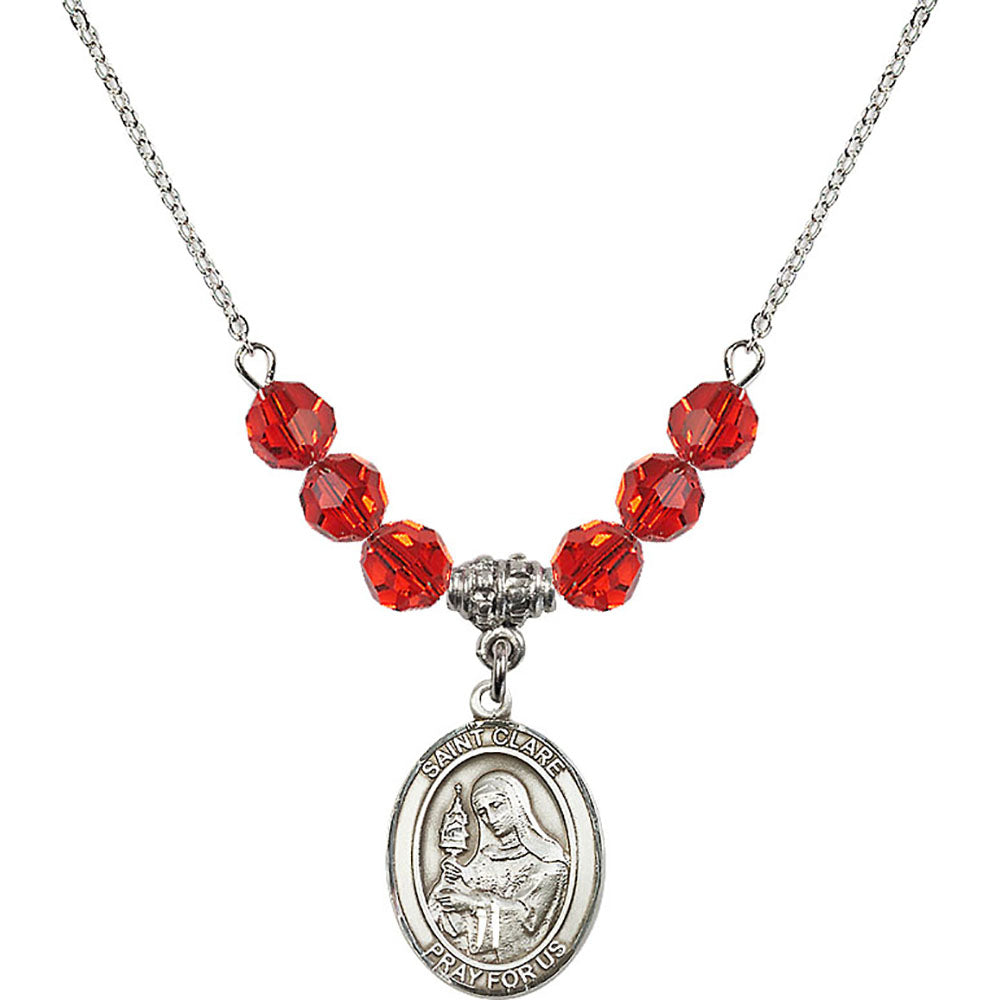 Sterling Silver Saint Clare of Assisi Birthstone Necklace with Ruby Beads - 8028