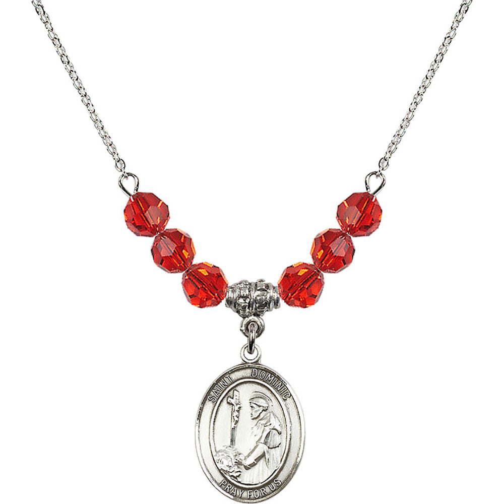 Sterling Silver Saint Dominic de Guzman Birthstone Necklace with Ruby Beads - 8030