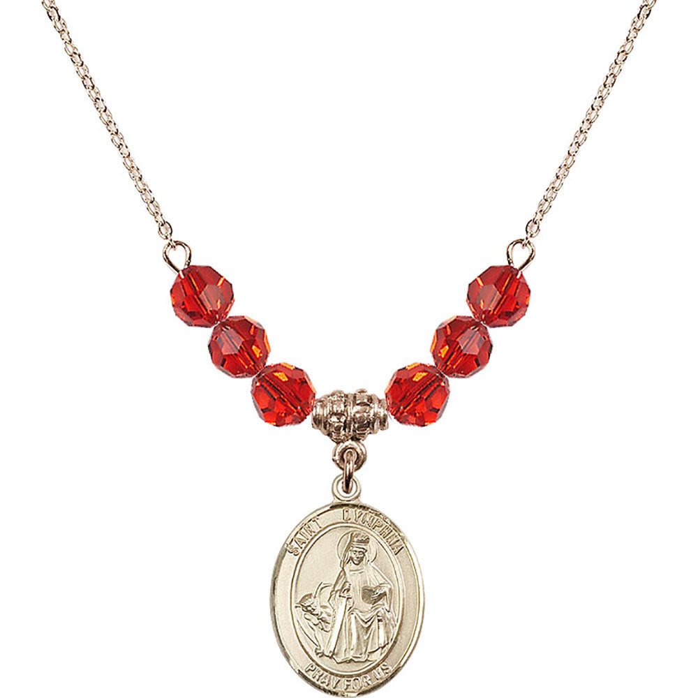 14kt Gold Filled Saint Dymphna Birthstone Necklace with Ruby Beads - 8032