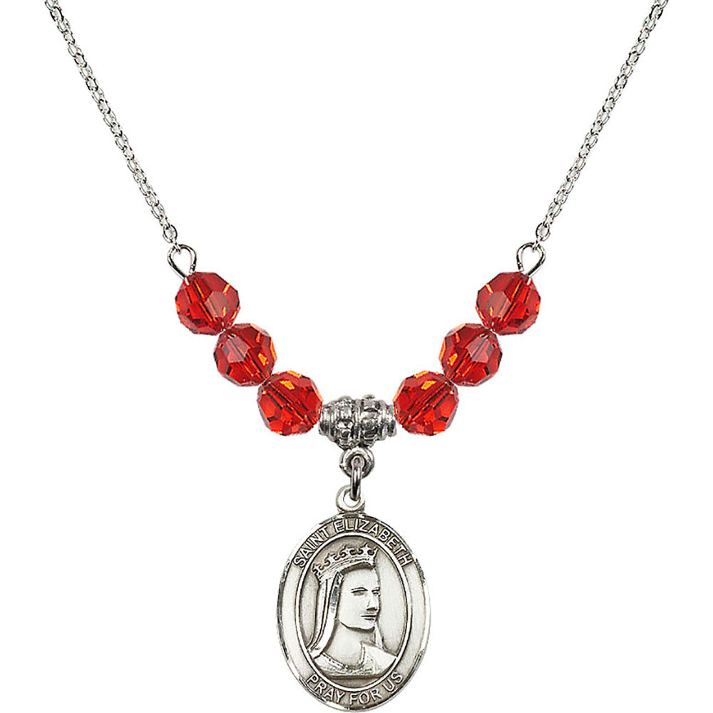 Sterling Silver Saint Elizabeth of Hungary Birthstone Necklace with Ruby Beads - 8033
