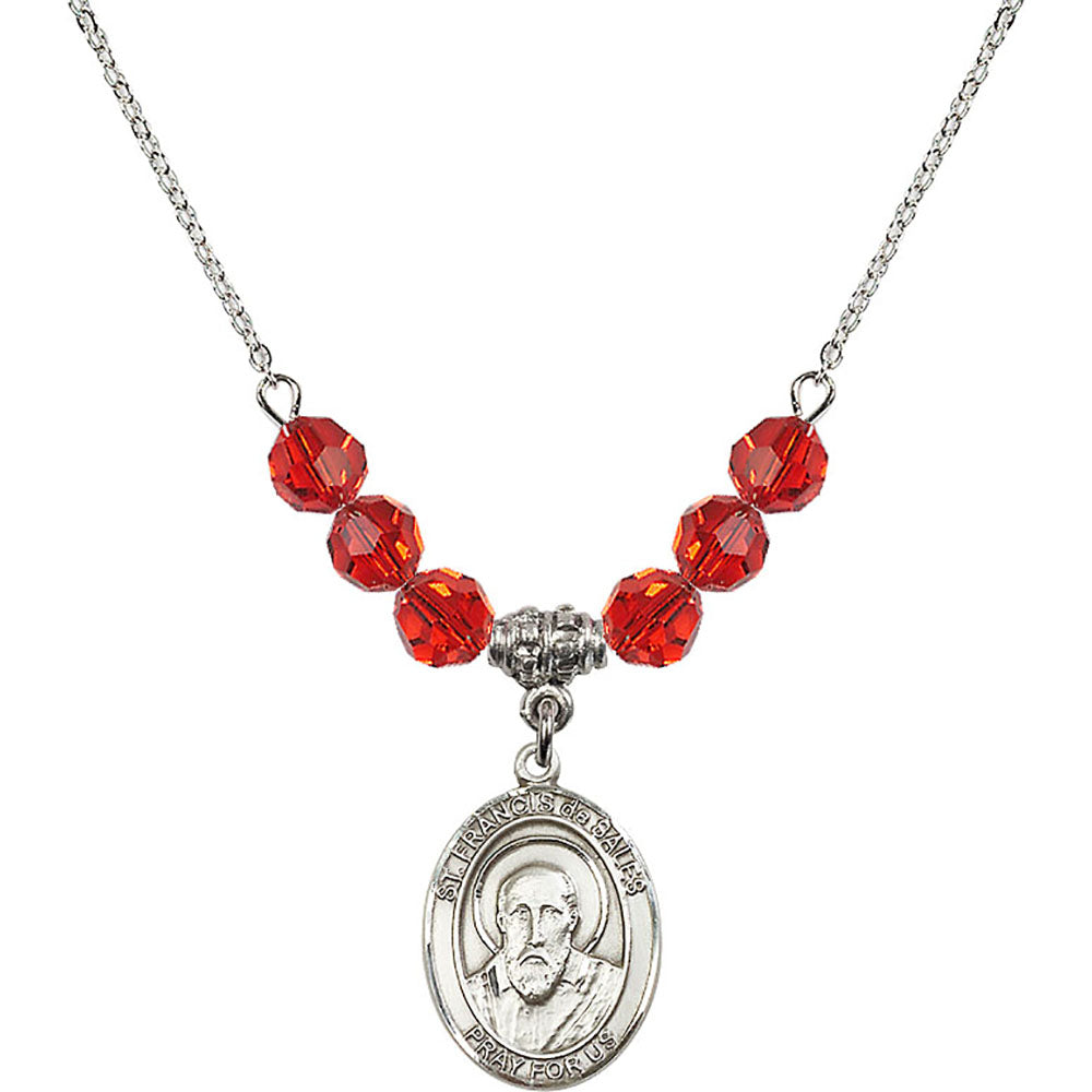 Sterling Silver Saint Francis de Sales Birthstone Necklace with Ruby Beads - 8035