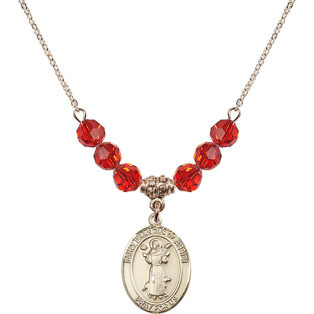 14kt Gold Filled Saint Francis of Assisi Birthstone Necklace with Ruby Beads - 8036