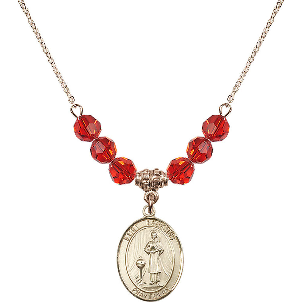 14kt Gold Filled Saint Genesius of Rome Birthstone Necklace with Ruby Beads - 8038