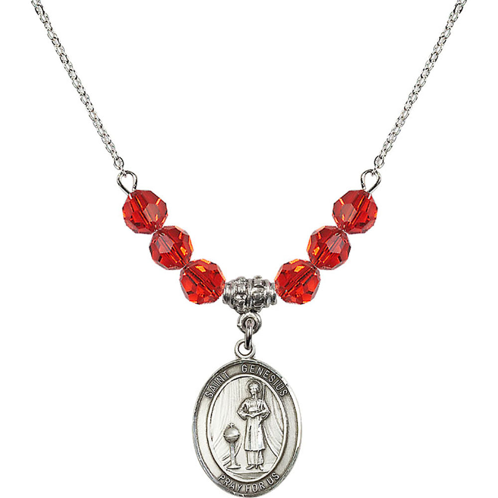 Sterling Silver Saint Genesius of Rome Birthstone Necklace with Ruby Beads - 8038