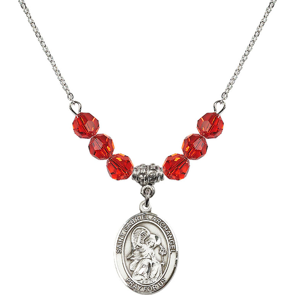 Sterling Silver Saint Gabriel the Archangel Birthstone Necklace with Ruby Beads - 8039