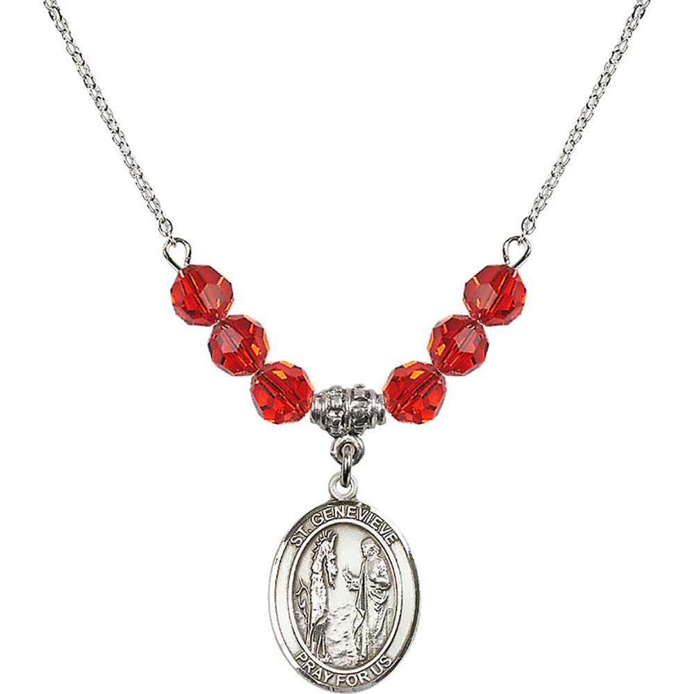 Sterling Silver Saint Genevieve Birthstone Necklace with Ruby Beads - 8041