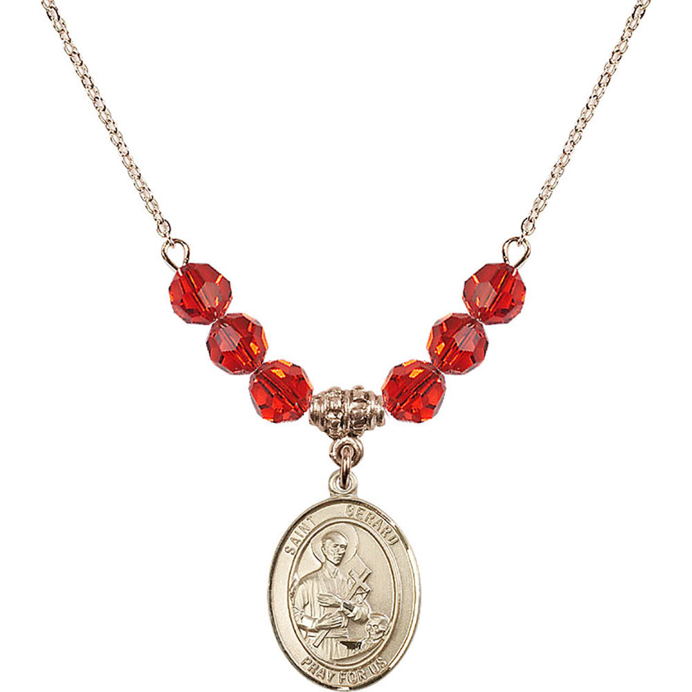 14kt Gold Filled Saint Gerard Majella Birthstone Necklace with Ruby Beads - 8042