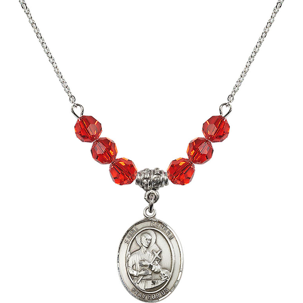 Sterling Silver Saint Gerard Majella Birthstone Necklace with Ruby Beads - 8042