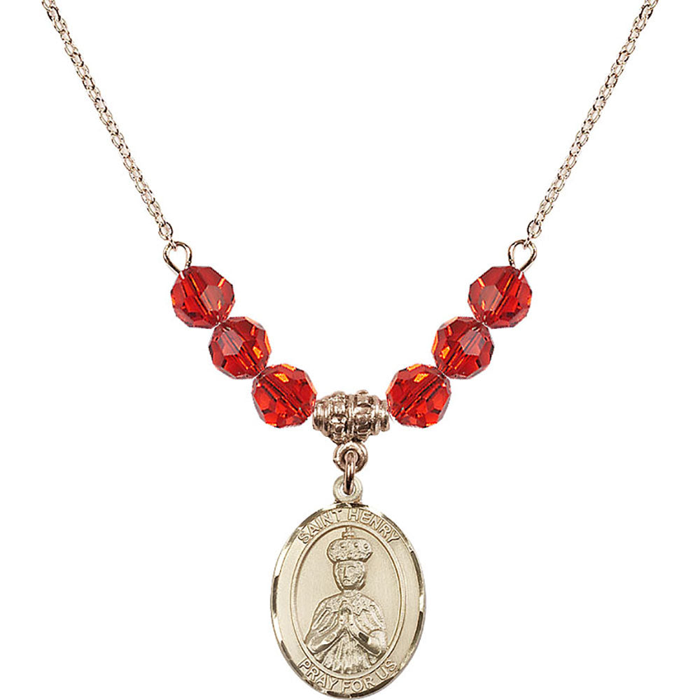 14kt Gold Filled Saint Henry II Birthstone Necklace with Ruby Beads - 8046