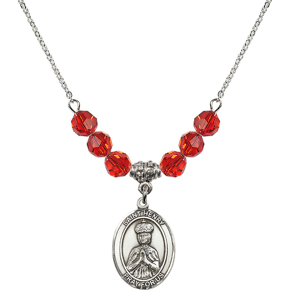 Sterling Silver Saint Henry II Birthstone Necklace with Ruby Beads - 8046
