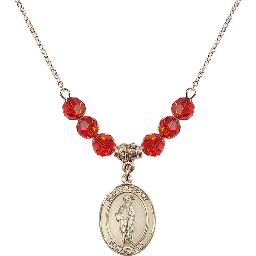 14kt Gold Filled Saint Gregory the Great Birthstone Necklace with Ruby Beads - 8048