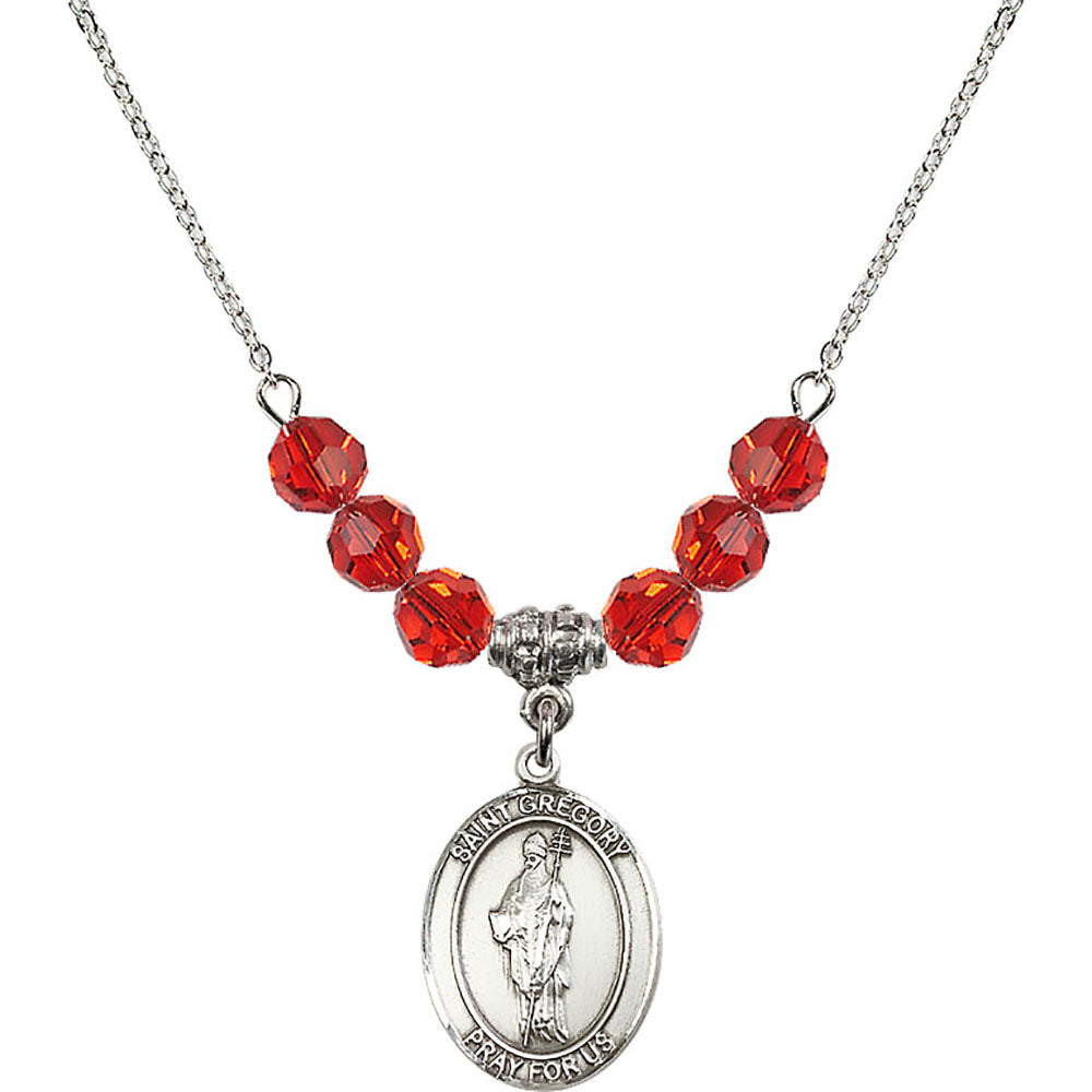 Sterling Silver Saint Gregory the Great Birthstone Necklace with Ruby Beads - 8048