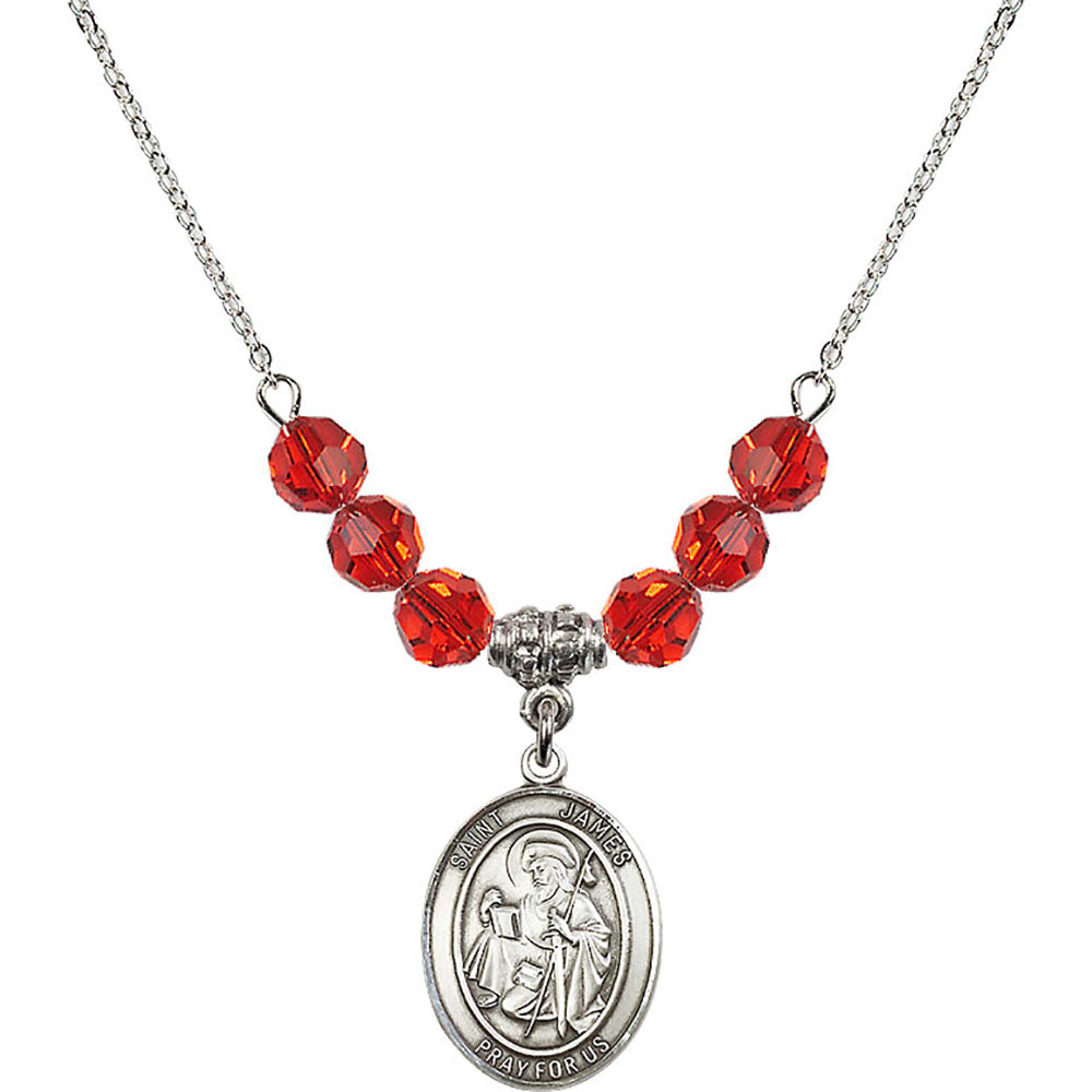 Sterling Silver Saint James the Greater Birthstone Necklace with Ruby Beads - 8050