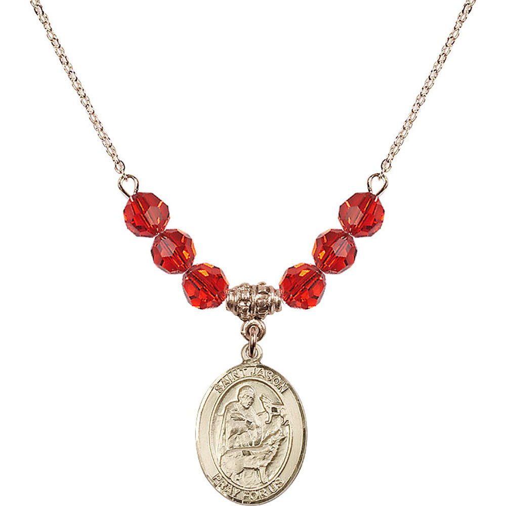 14kt Gold Filled Saint Jason Birthstone Necklace with Ruby Beads - 8051