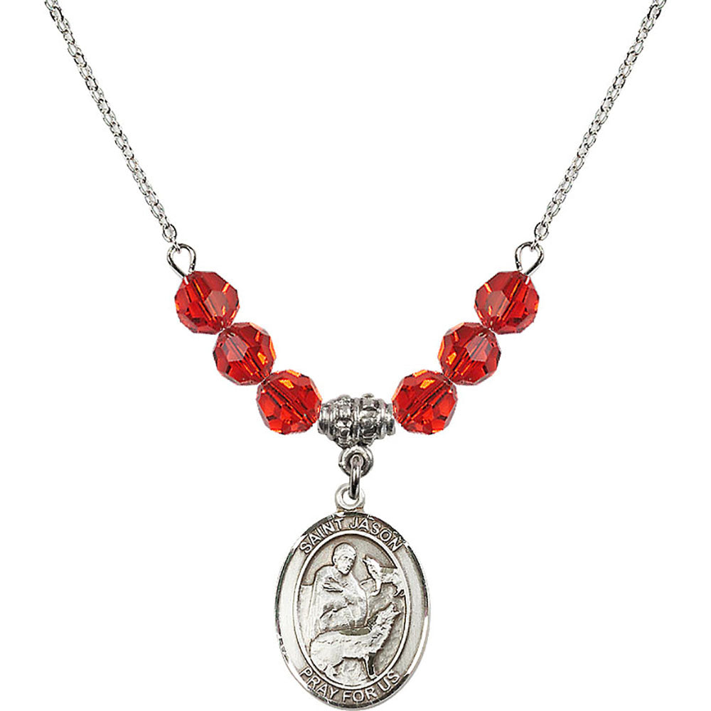 Sterling Silver Saint Jason Birthstone Necklace with Ruby Beads - 8051