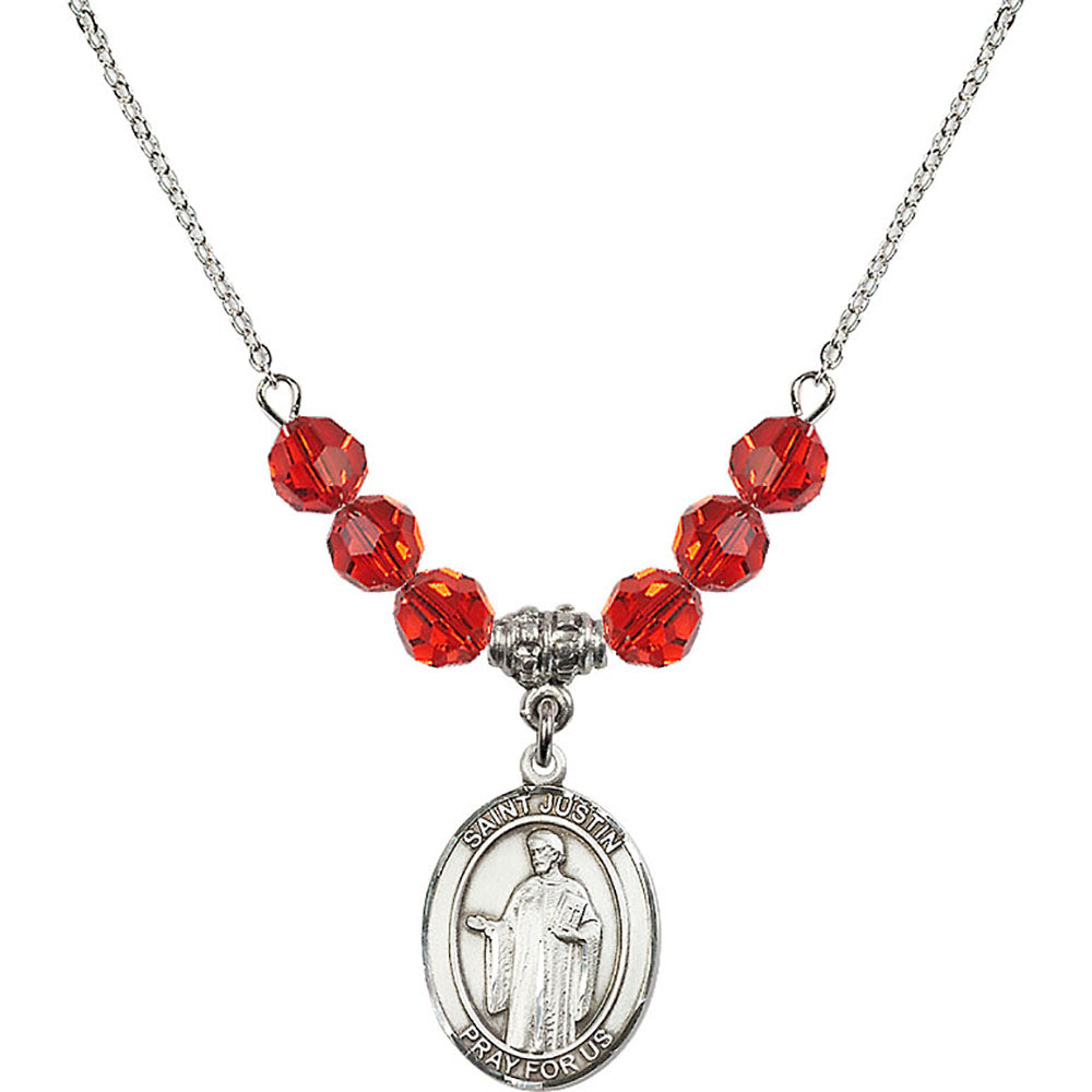 Sterling Silver Saint Justin Birthstone Necklace with Ruby Beads - 8052