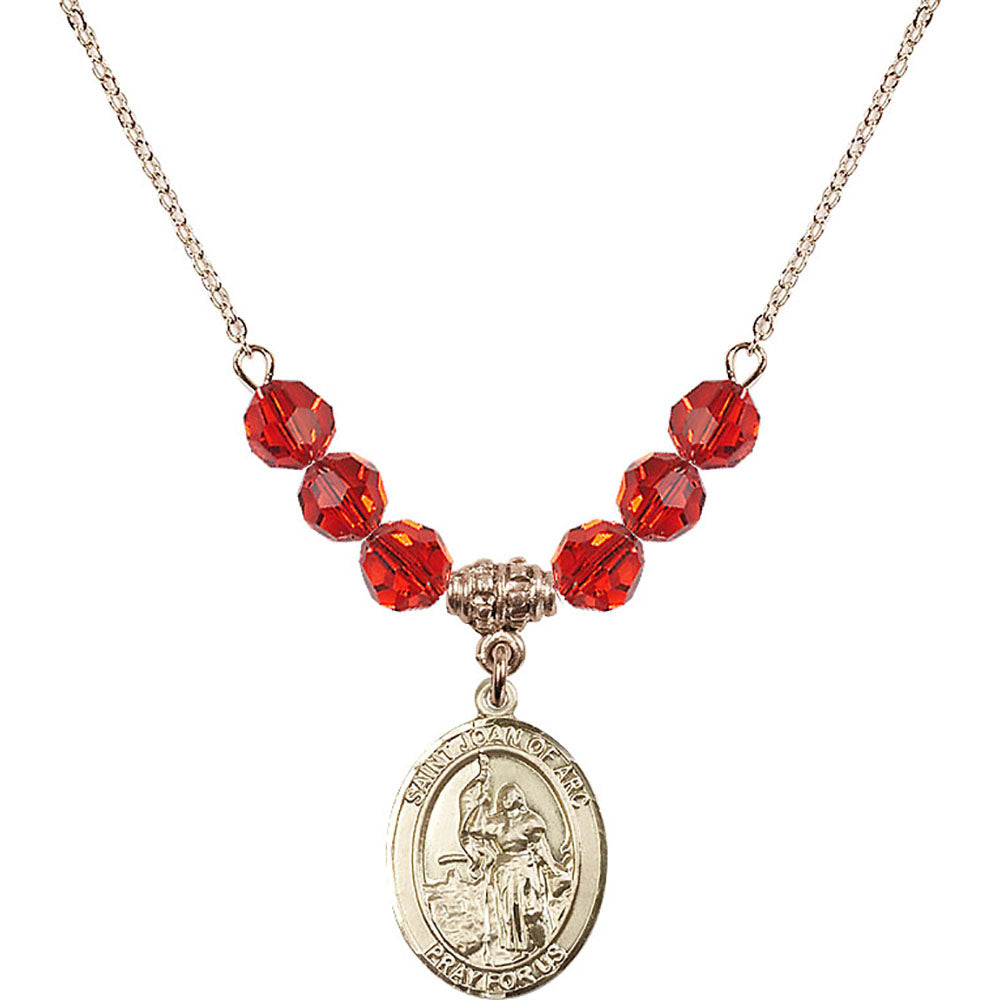 14kt Gold Filled Saint Joan of Arc Birthstone Necklace with Ruby Beads - 8053