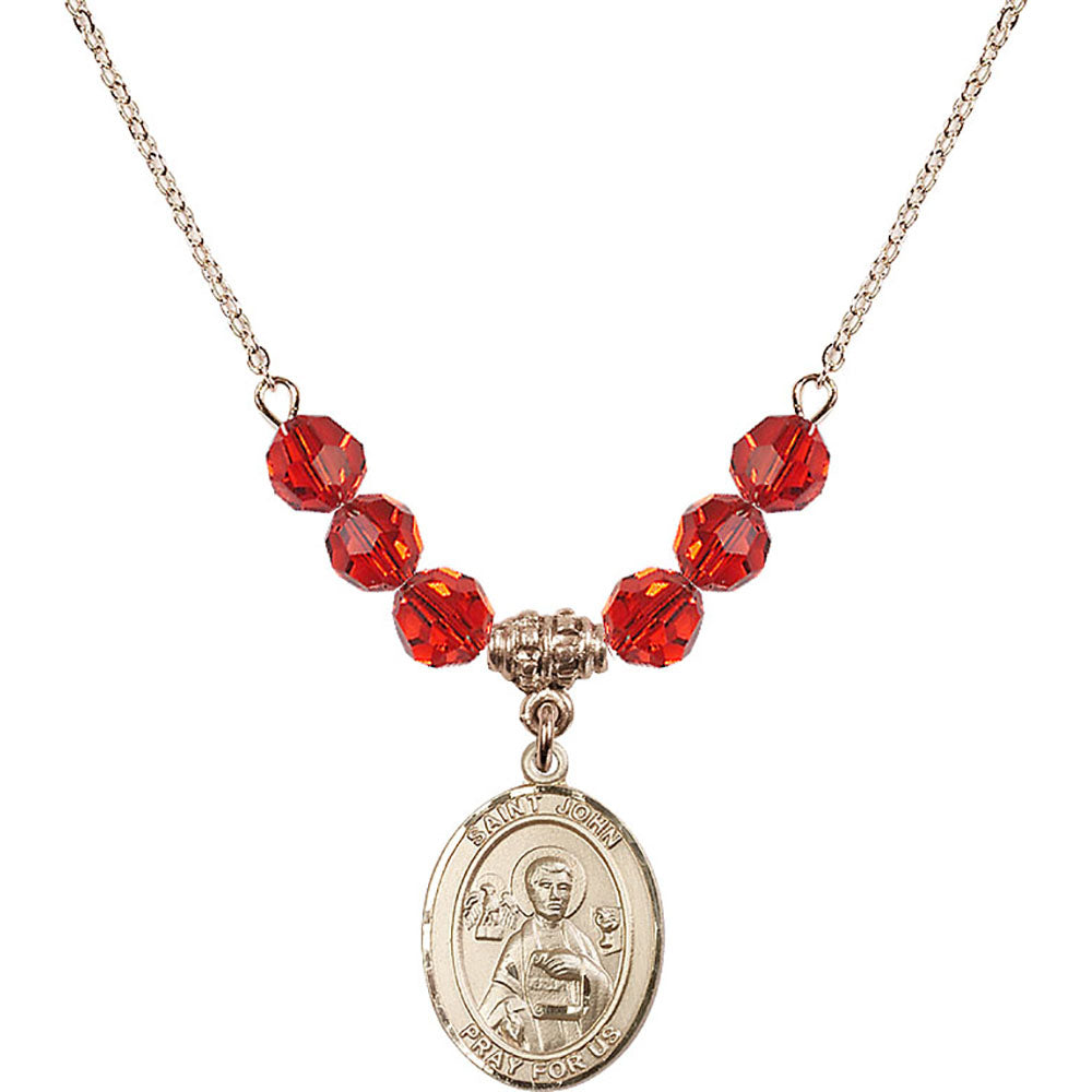 14kt Gold Filled Saint John the Apostle Birthstone Necklace with Ruby Beads - 8056