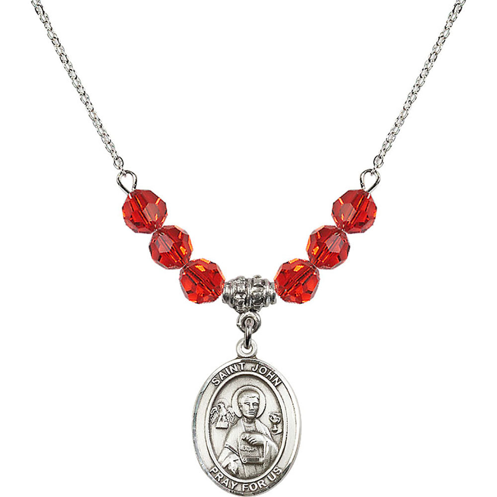 Sterling Silver Saint John the Apostle Birthstone Necklace with Ruby Beads - 8056
