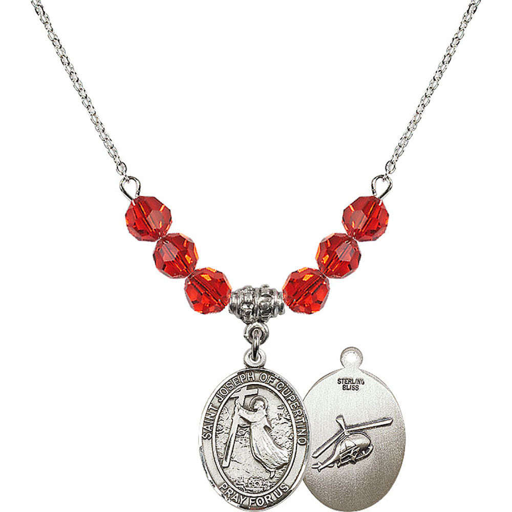Sterling Silver Saint Joseph of Cupertino/Helecopter Birthstone Necklace with Ruby Beads - 8057