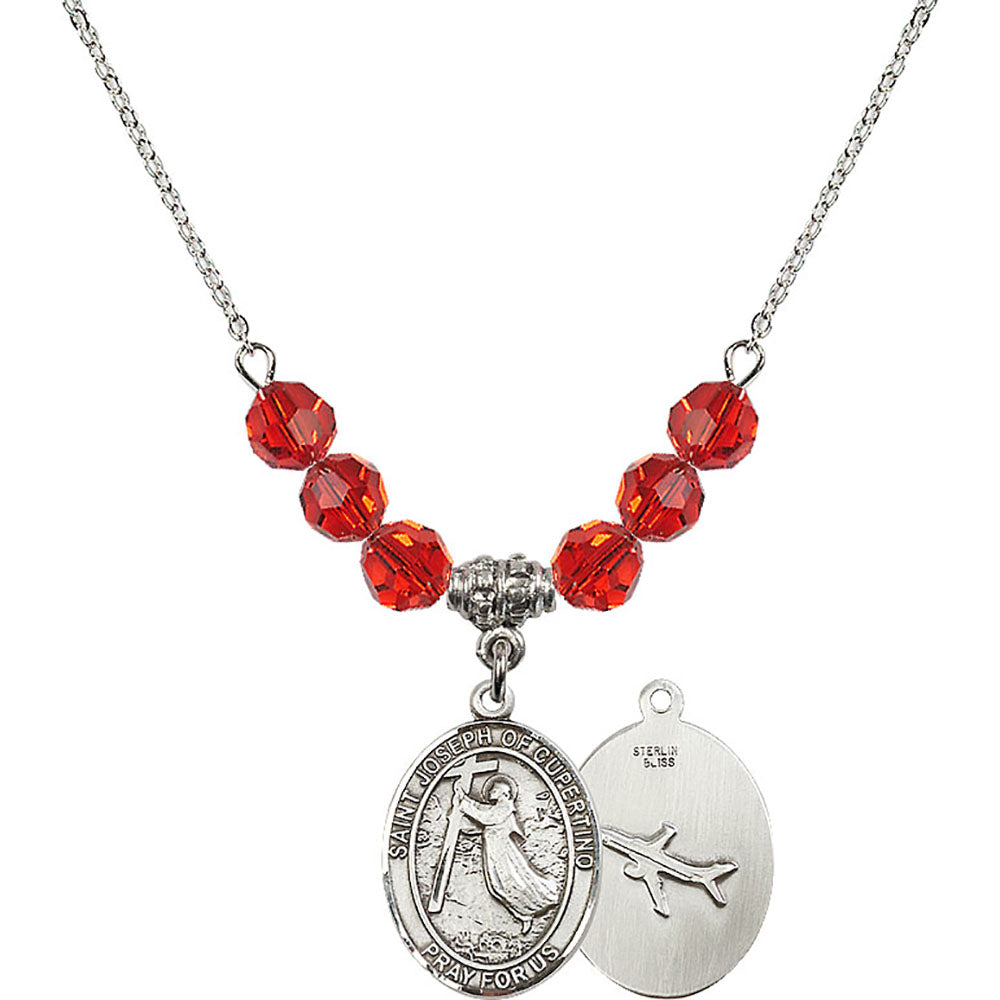 Sterling Silver Saint Joseph of Cupertino Birthstone Necklace with Ruby Beads - 8057