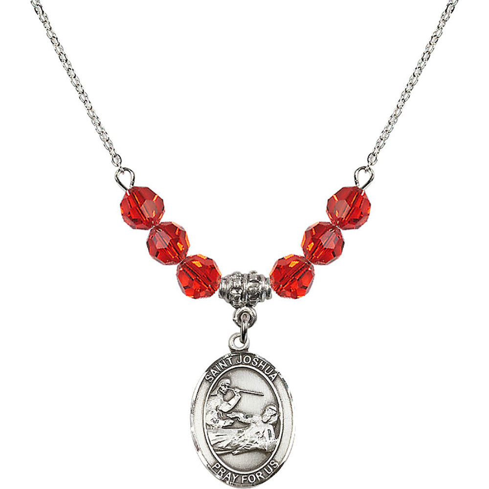 Sterling Silver Saint Joshua Birthstone Necklace with Ruby Beads - 8059