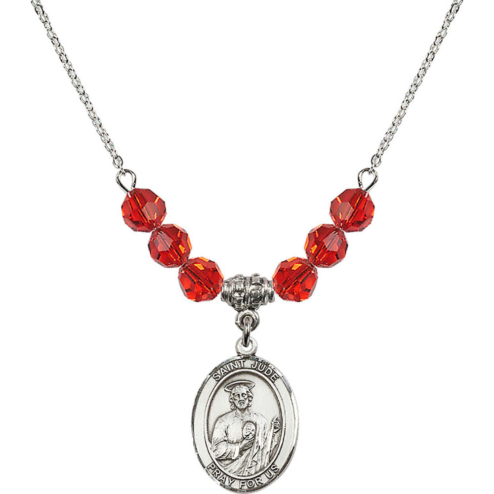 Sterling Silver Saint Jude Thaddeus Birthstone Necklace with Ruby Beads - 8060