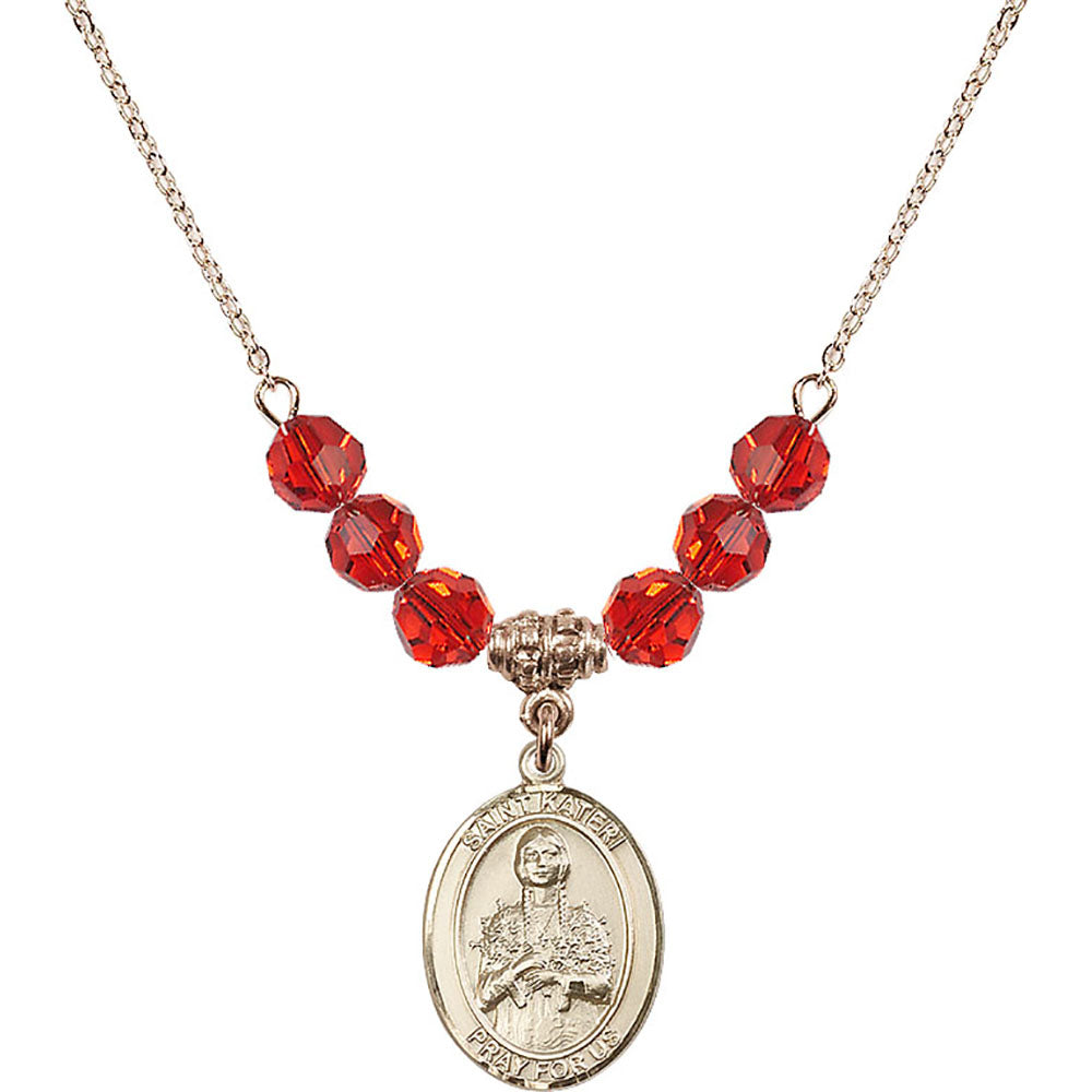14kt Gold Filled Saint Kateri Tekakwitha Birthstone Necklace with Ruby Beads - 8061