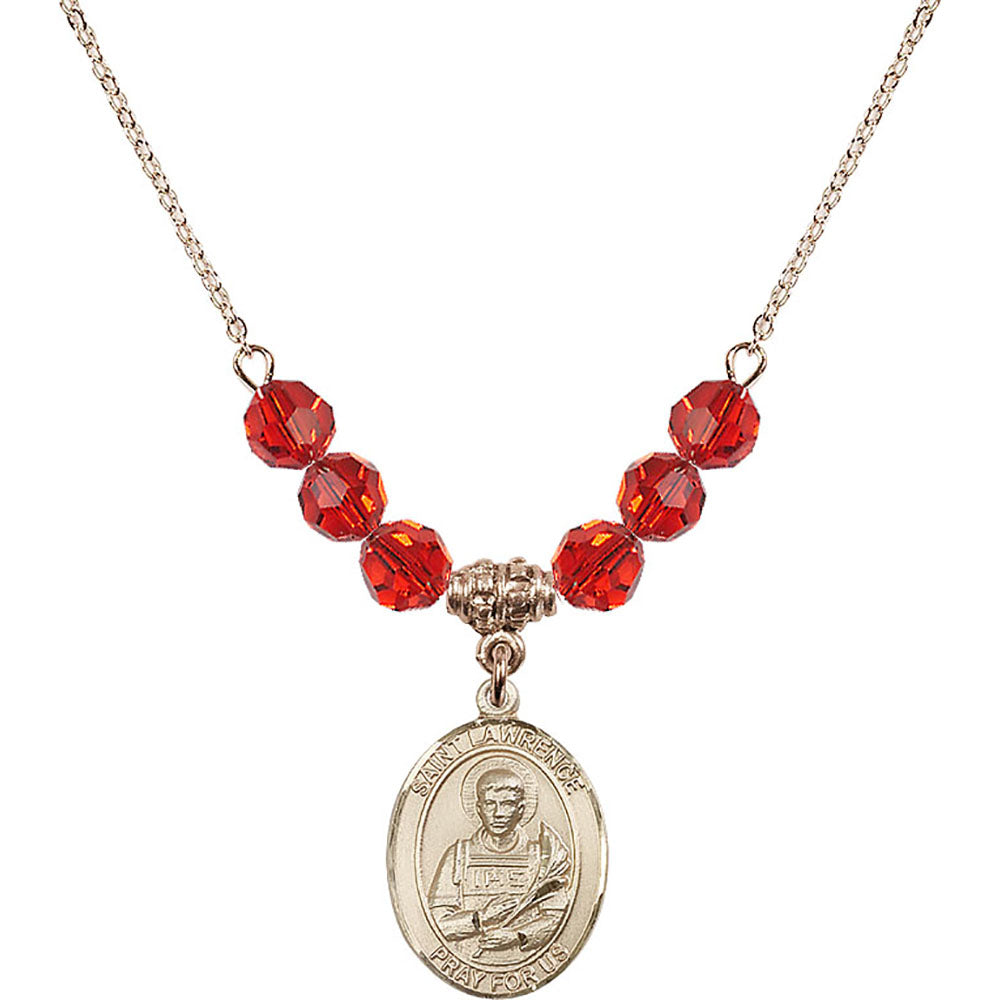 14kt Gold Filled Saint Lawrence Birthstone Necklace with Ruby Beads - 8063