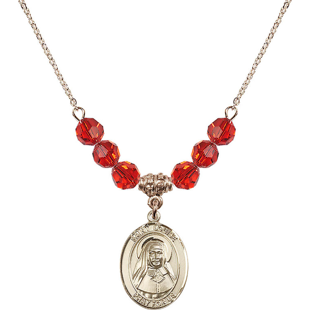 14kt Gold Filled Saint Louise de Marillac Birthstone Necklace with Ruby Beads - 8064