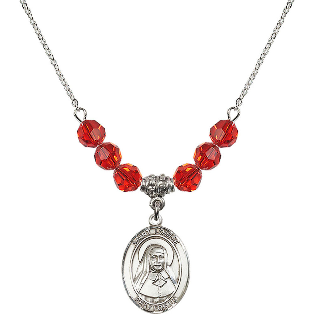 Sterling Silver Saint Louise de Marillac Birthstone Necklace with Ruby Beads - 8064
