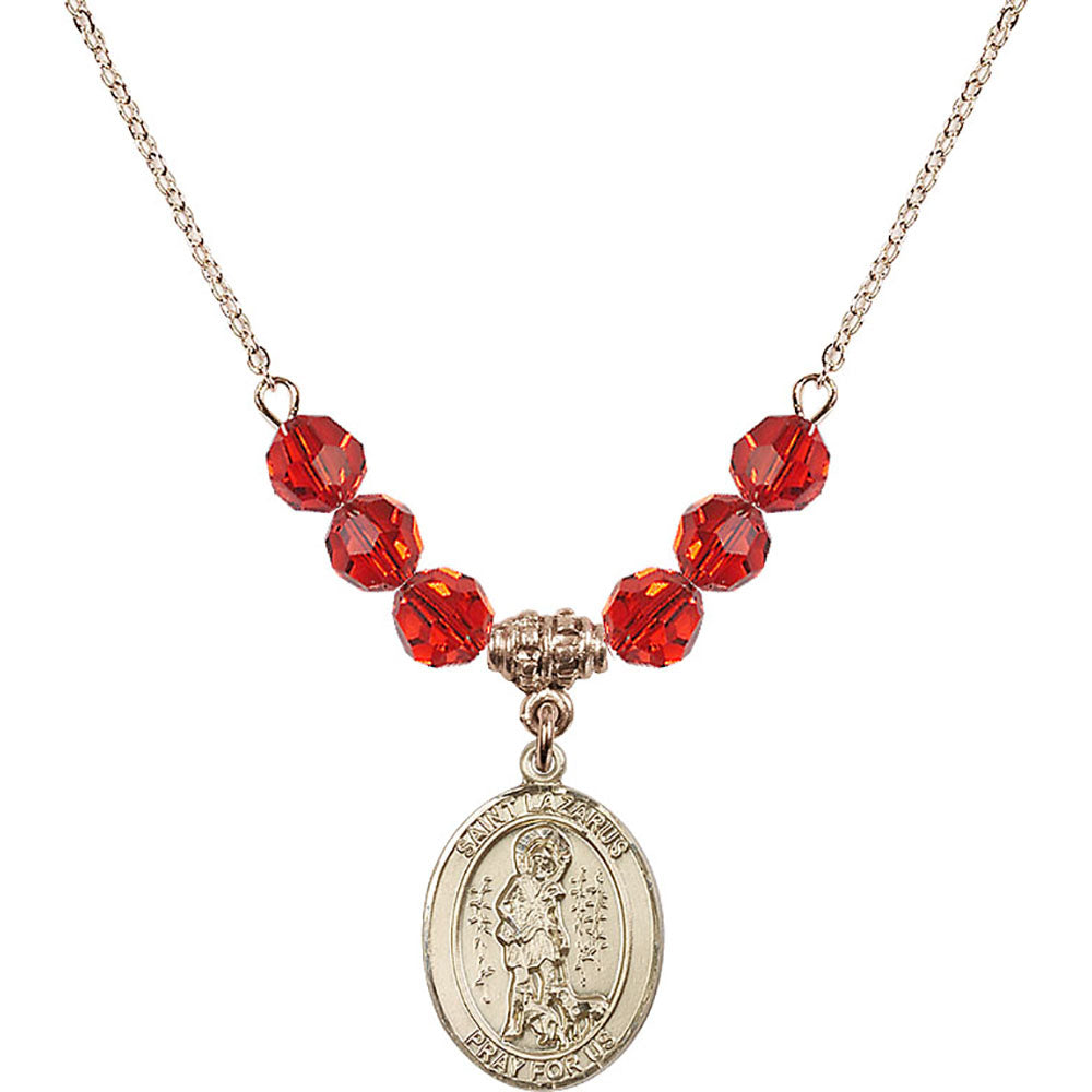 14kt Gold Filled Saint Lazarus Birthstone Necklace with Ruby Beads - 8066