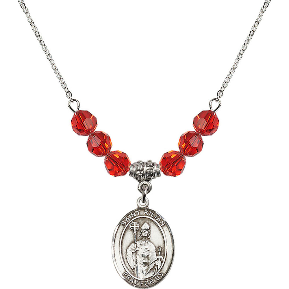 Sterling Silver Saint Kilian Birthstone Necklace with Ruby Beads - 8067