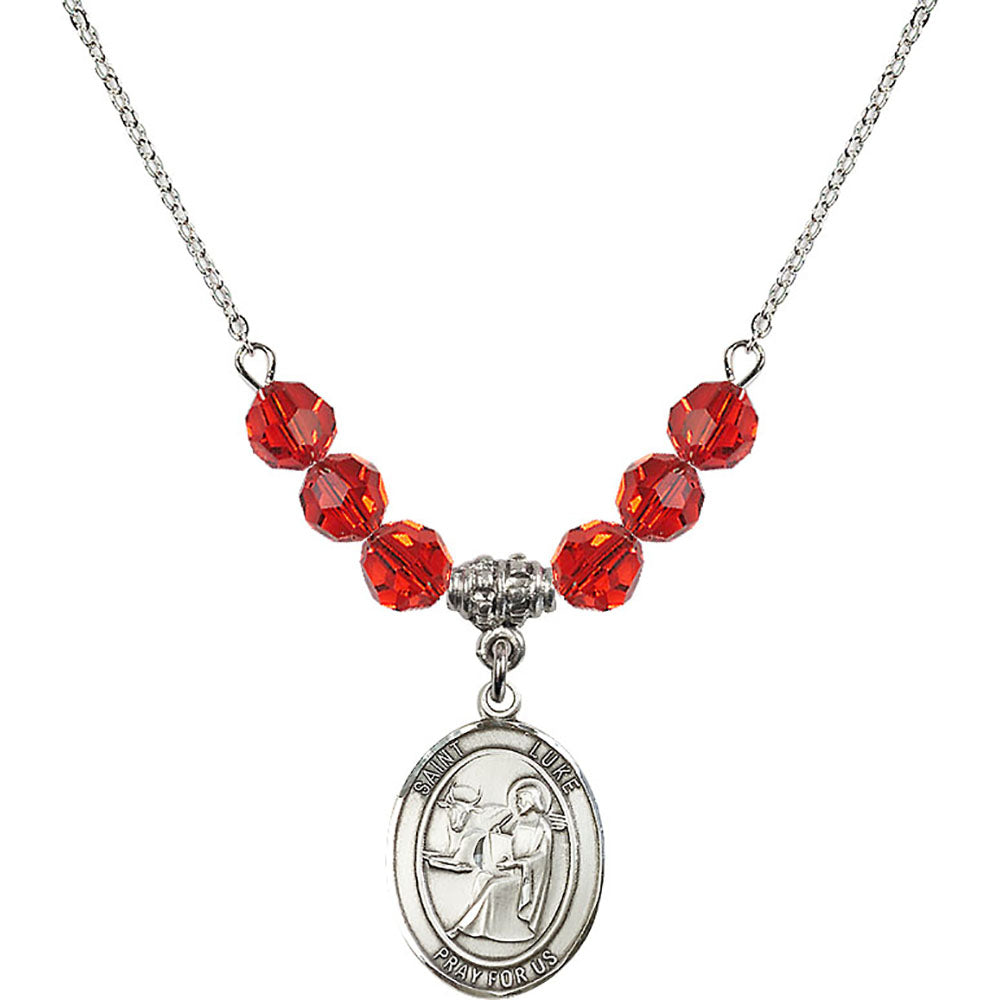 Sterling Silver Saint Luke the Apostle Birthstone Necklace with Ruby Beads - 8068