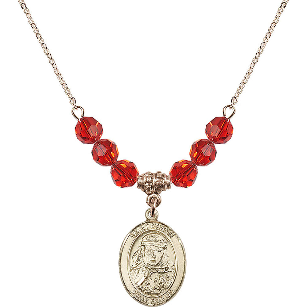 14kt Gold Filled Saint Sarah Birthstone Necklace with Ruby Beads - 8097