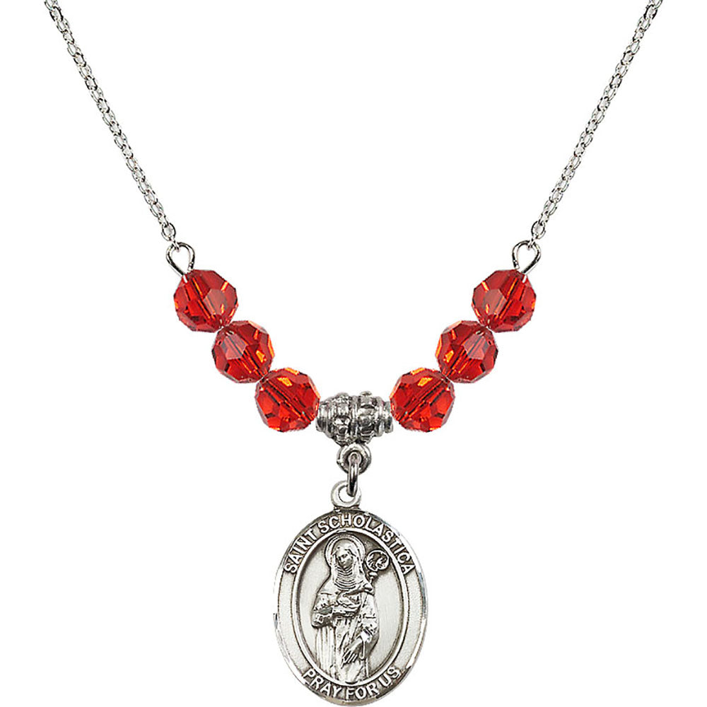 Sterling Silver Saint Scholastica Birthstone Necklace with Ruby Beads - 8099