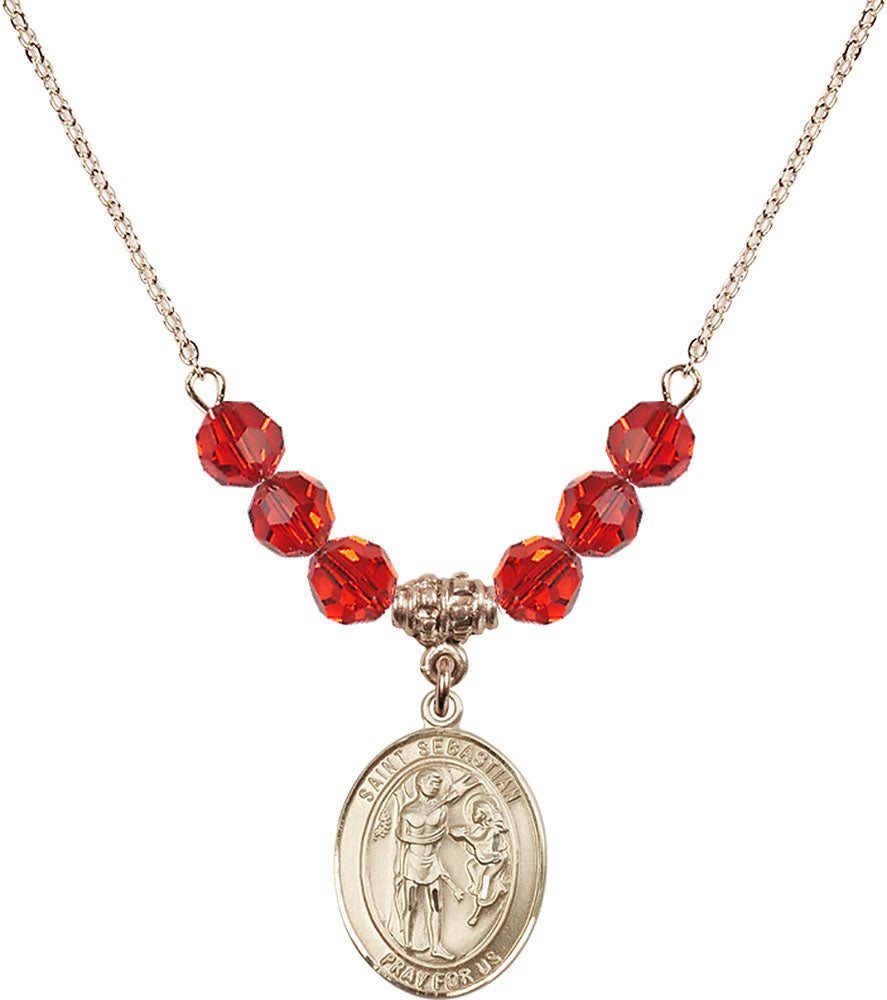 14kt Gold Filled Saint Sebastian Birthstone Necklace with Ruby Beads - 8100