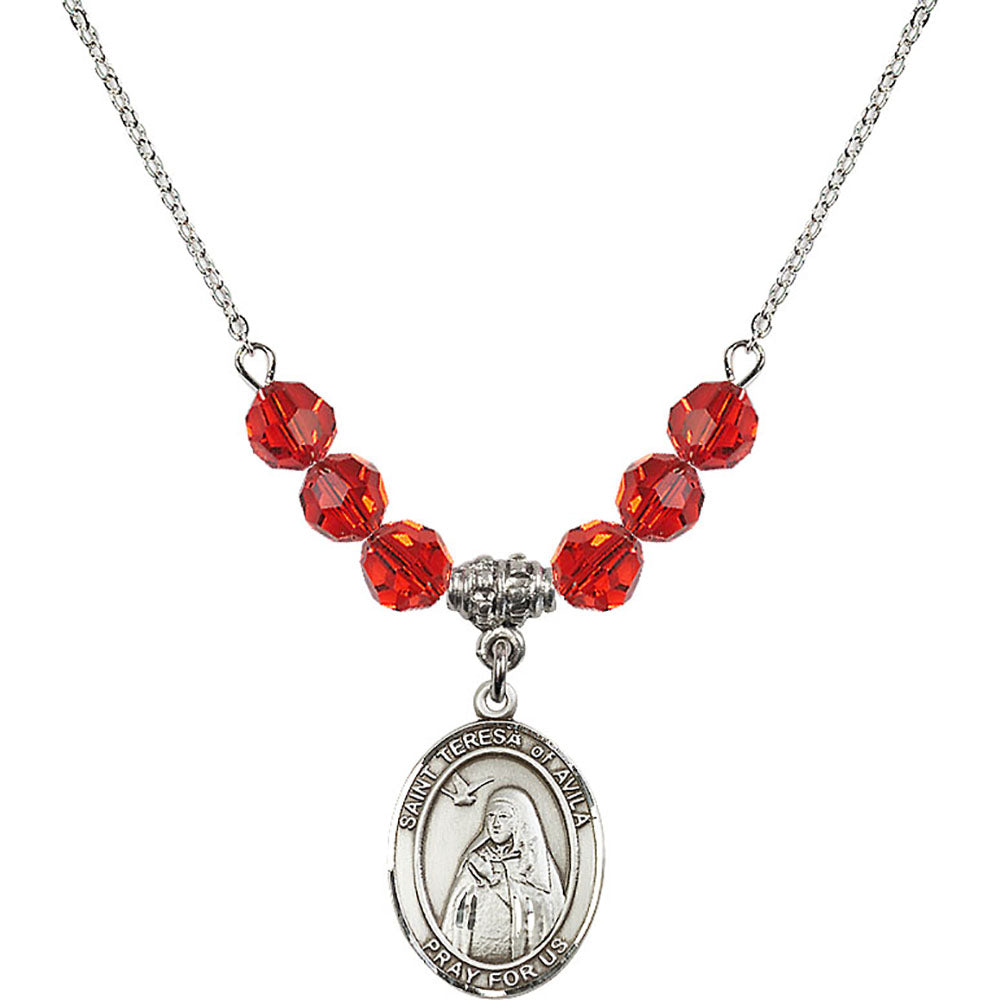 Sterling Silver Saint Teresa of Avila Birthstone Necklace with Ruby Beads - 8102