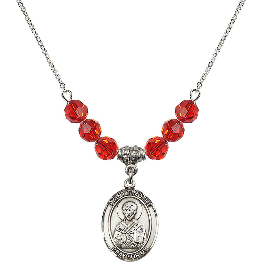 Sterling Silver Saint Timothy Birthstone Necklace with Ruby Beads - 8105