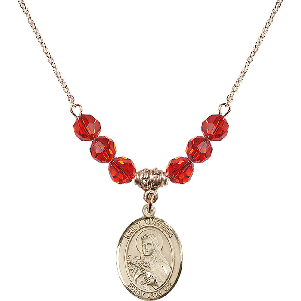 14kt Gold Filled Saint Theresa Birthstone Necklace with Ruby Beads - 8106