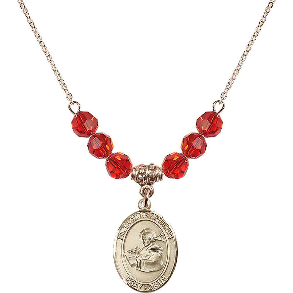 14kt Gold Filled Saint Thomas Aquinas Birthstone Necklace with Ruby Beads - 8108